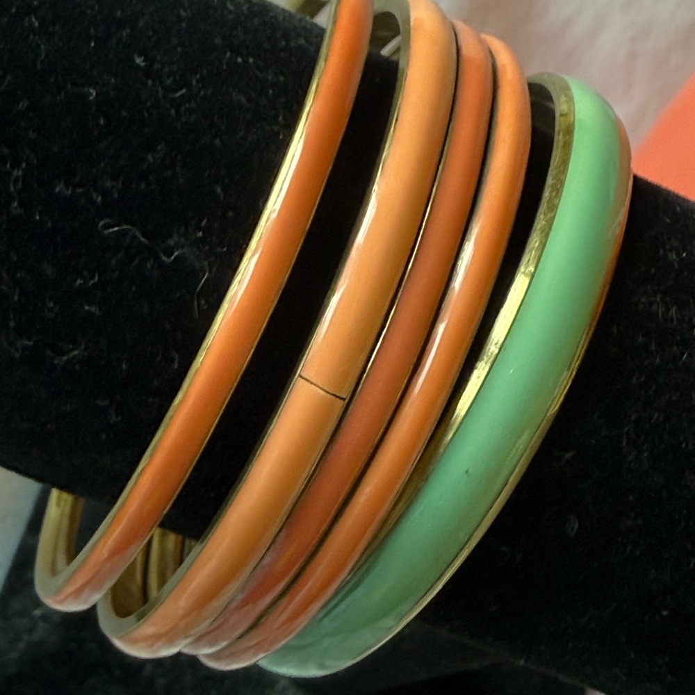 Vintage Enamel Brass Bangles Set of 5 Coral Peach Green 1970s Boho